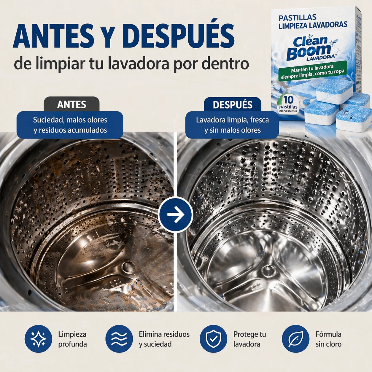 Pastillas Limpieza Lavadoras 12 Unidades - Clean Boom Lavadora® l Mantén tu lavadora siempre limpia
