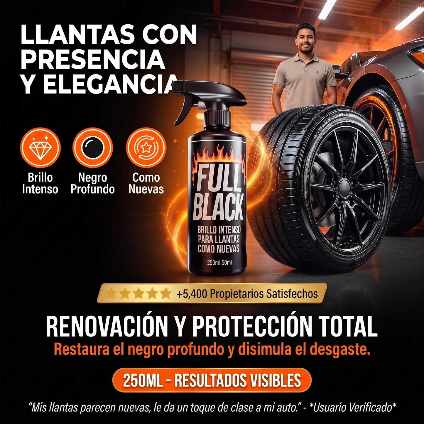 Brillador de llantas - Full Black 250 ml l Protege y disimula el desgaste de las llantas de tu vechiculo