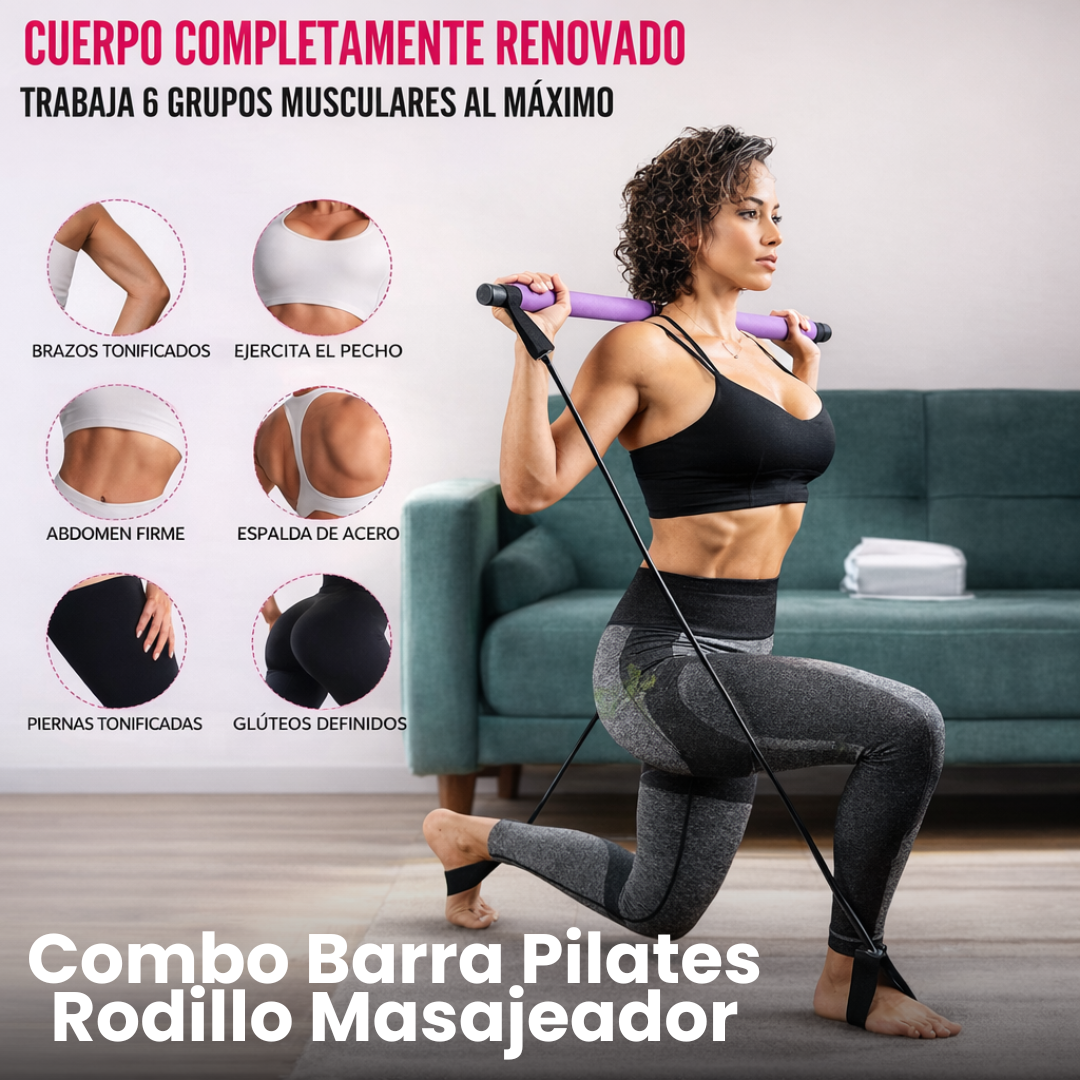 Combo Barra Pilates Rodillo Masajeador